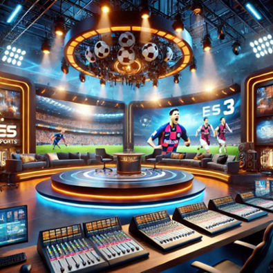 A vibrant sports broadcast studio with a dynamic host, background music equipment, and live action screens.