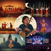A collage of images showcasing different aspects of Southeast Asian culture and music, with a central figure playing a traditional instrument, surrounded by scenes of a Gamelan orchestra, tinikling dancers, and a modern music festival.