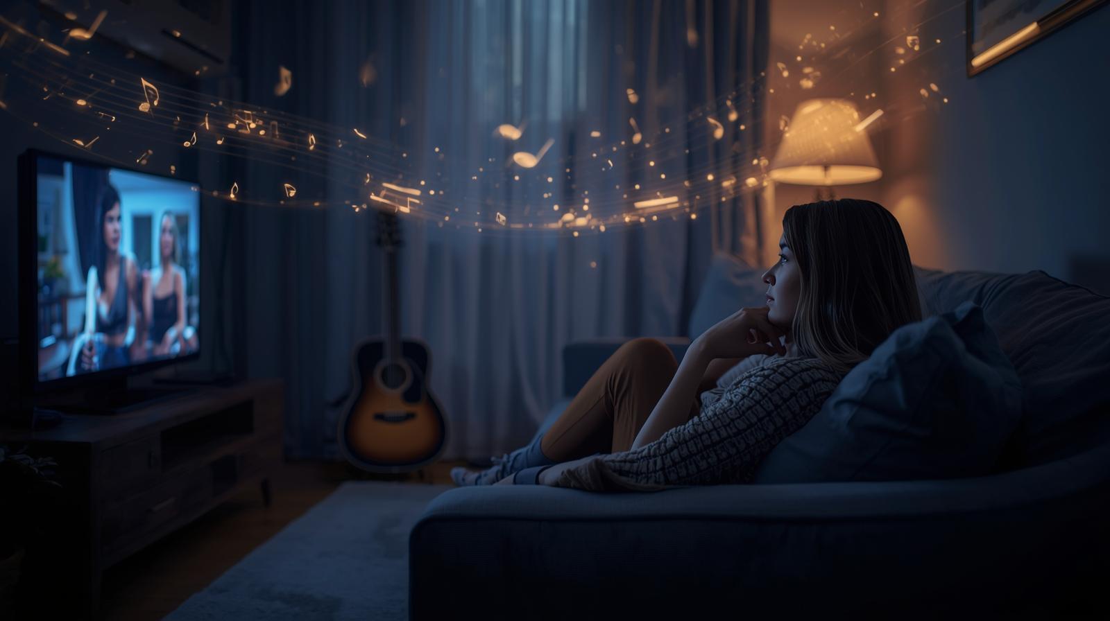 Person watching TV series with warm lighting and guitar nearby symbolizing music.