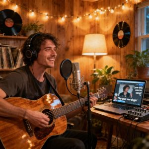 Independent musician performing live stream with guitar, interacting with fans through chat in a cozy home studio setup