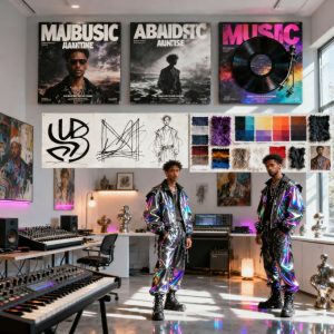 Music artist branding concept with album covers, logo sketches, fashion styling, mood boards, and studio setup